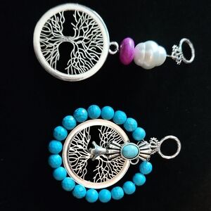 Silver and Turquoise Color Tree of Life Pendant Set